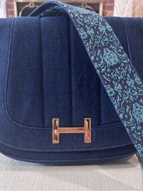 NWOT H by HALSTON Denim Monogram Crossbody Bag with Teal Jacquard Strap